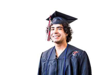 A smiling male graduate wearing a blue graduation cap and gown with an OTECH tassel, celebrating completing his program at Ogden-Weber Technical College