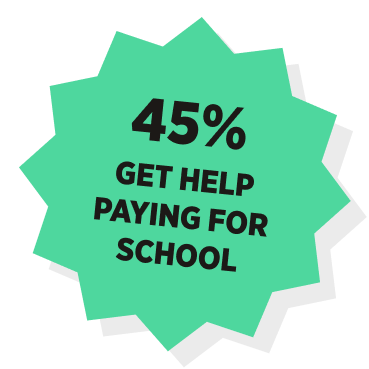 Green starburst badge stating 45% get help paying for school