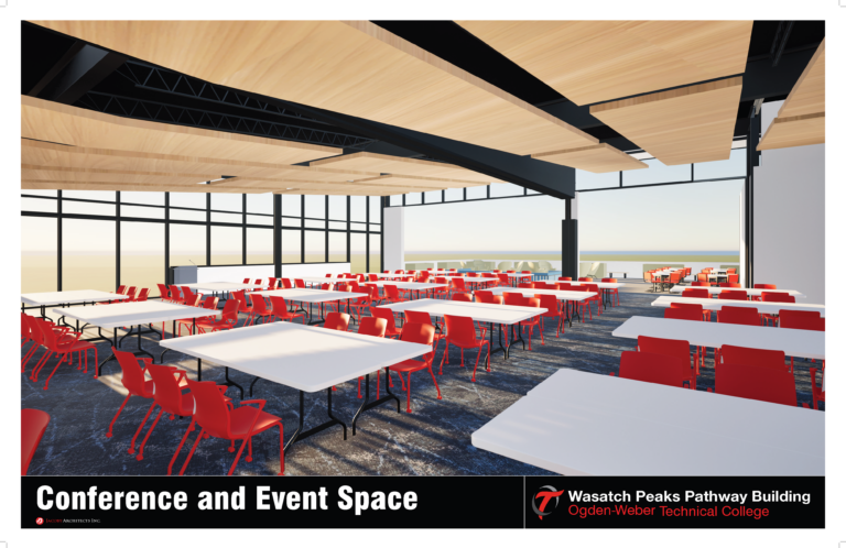 Interior of a conference and event space with red chairs, white tables, wood ceiling panels, and large glass walls.
