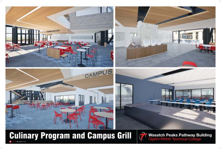 Collage of modern campus cafeteria/culinary arts cafe interiors with red chairs, white tables, wood ceilings and stone accents; signage Culinary Arts Cafe at bottom banner.