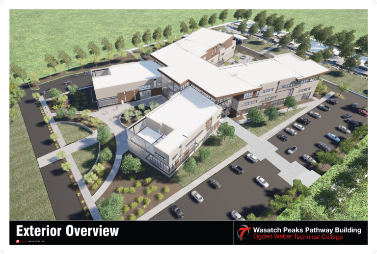 Aerial view of a modern multi-building campus with a large white roof, glass entry, surrounding parking lot, and tree-lined landscape; label indicates exterior overview of Wasatch Peaks Pathway Building, Ogden-Weber Technical College.
