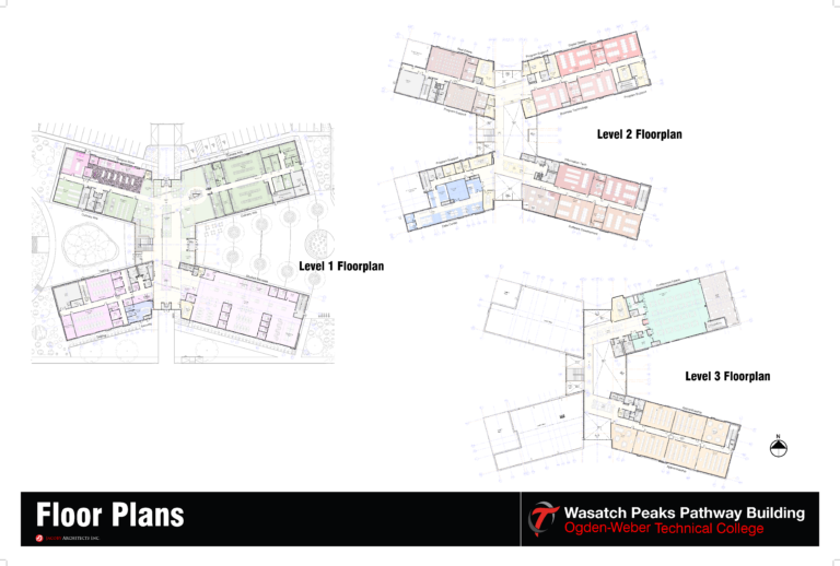 Composite floor plans showing Level 1, Level 2, and Level 3 layouts for Wasatch Peaks Pathway Building at Ogden-Weber Technical College.