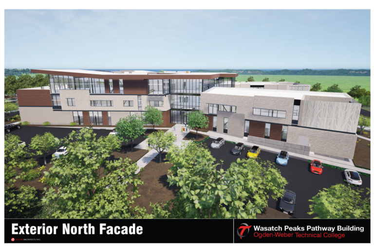 3D render of a modern, multi-story building with large glass walls, brick and stone exterior, and surrounding trees and parking lot.