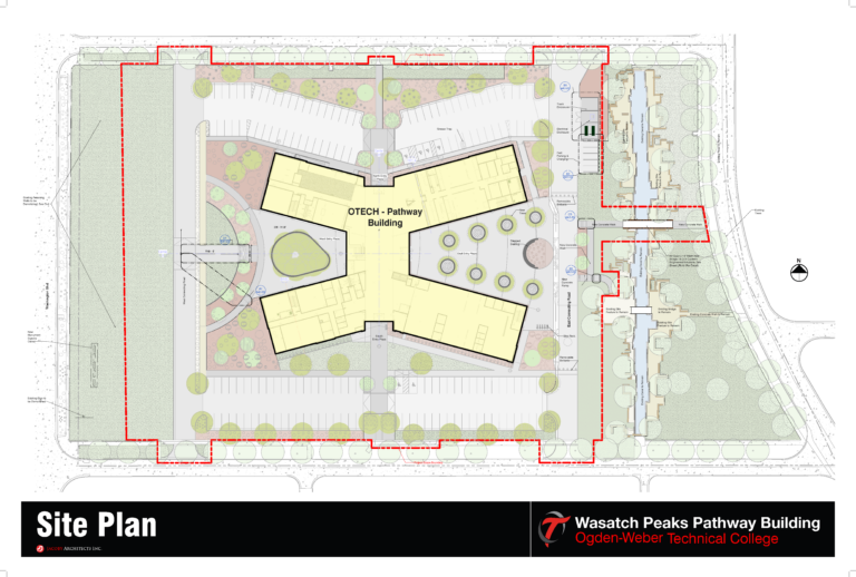 Site plan showing the Wasatch Peaks Pathway Building at Ogden-Weber Technical College, with building footprint, surrounding parking, landscaping, and perimeter red boundary line