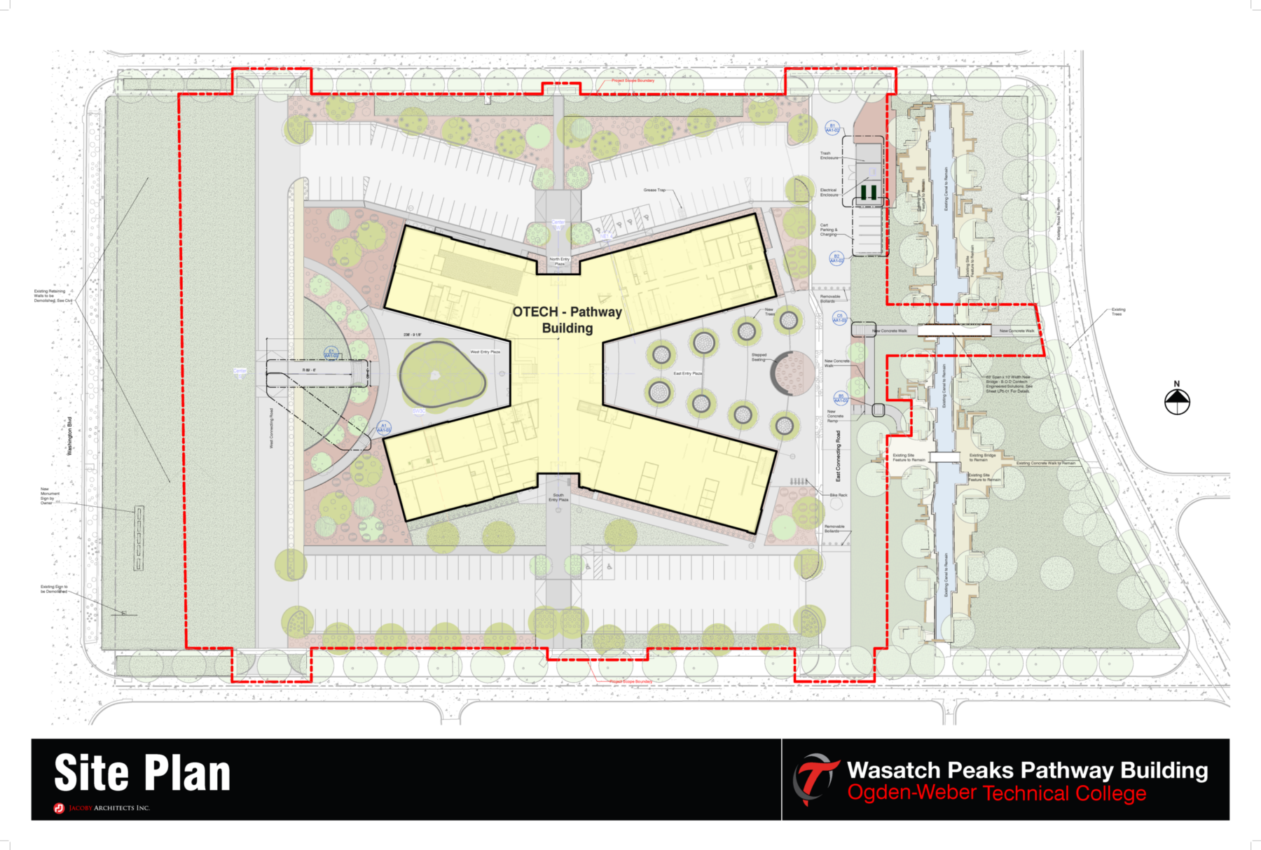 Site plan showing the Wasatch Peaks Pathway Building at Ogden-Weber Technical College, with building footprint, surrounding parking, landscaping, and perimeter red boundary line