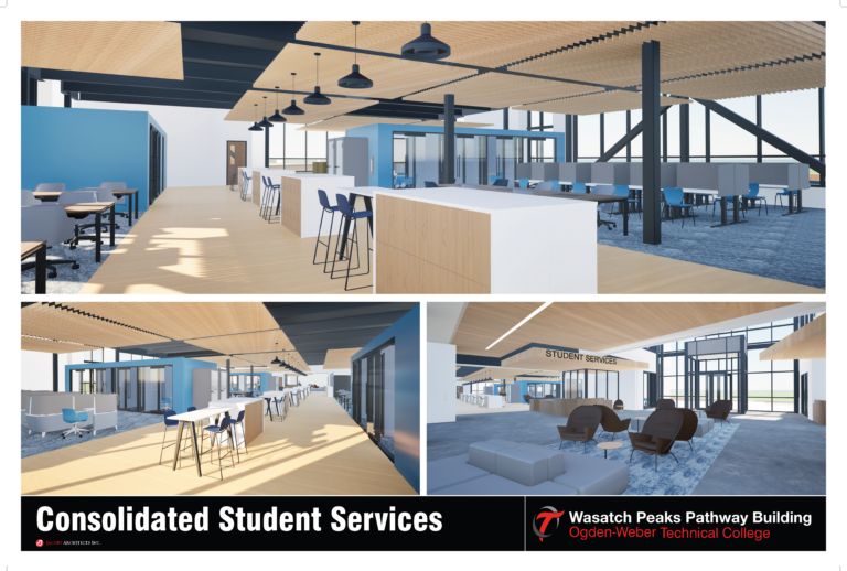 Interior view of a modern student services area with open seating, high ceilings, and blue accents; includes desks and lounge chairs.