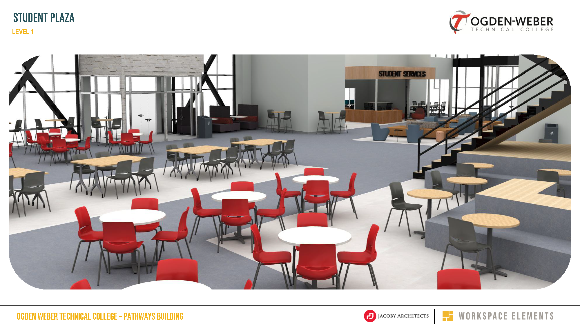 Architectural rendering of the Level 1 Student Plaza featuring tables, lounge seating, Student Services, and a large open staircase.