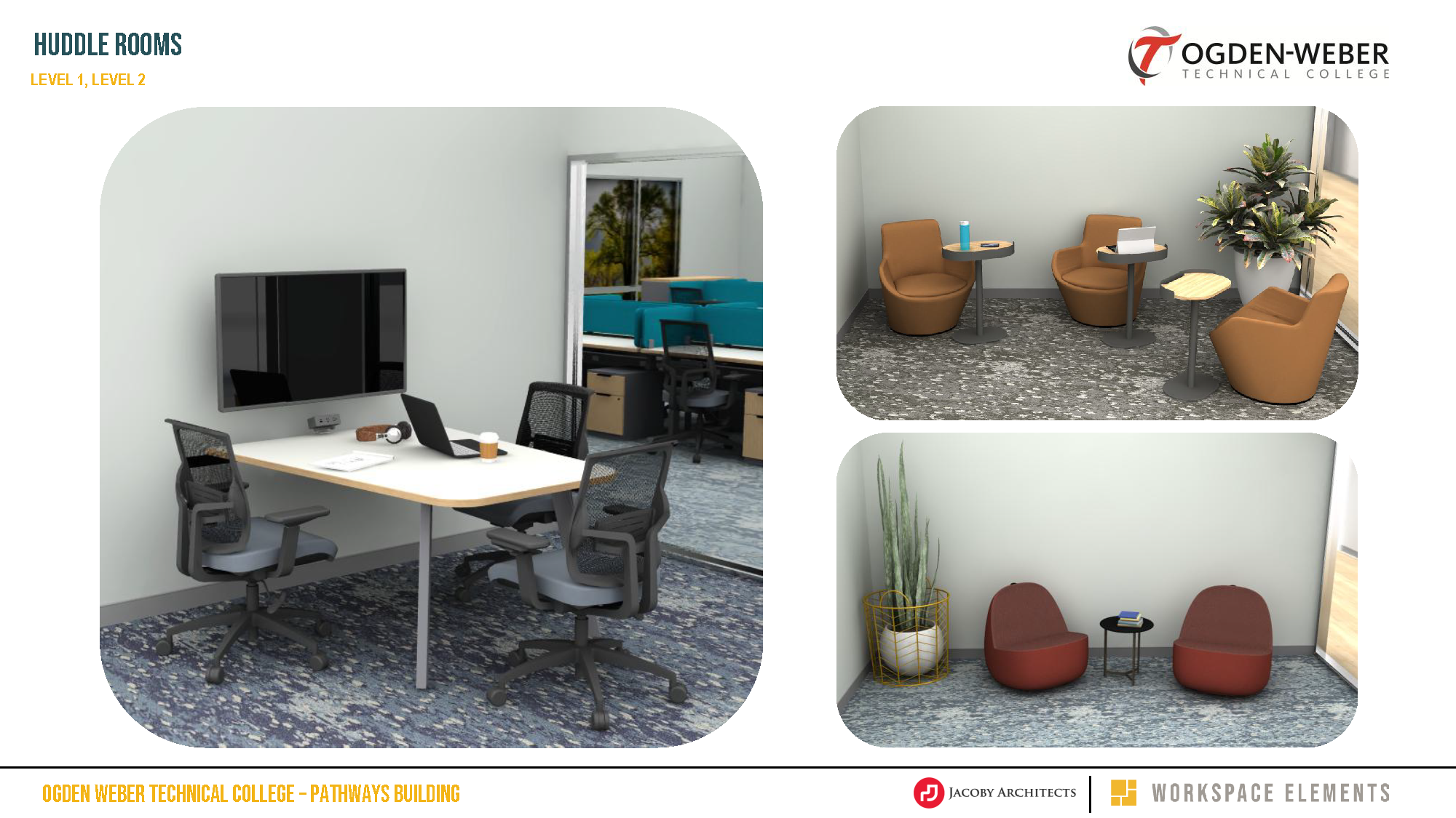 Architectural renderings of Level 1 and Level 2 huddle rooms featuring small meeting tables, lounge seating, plants, and a wall-mounted display.