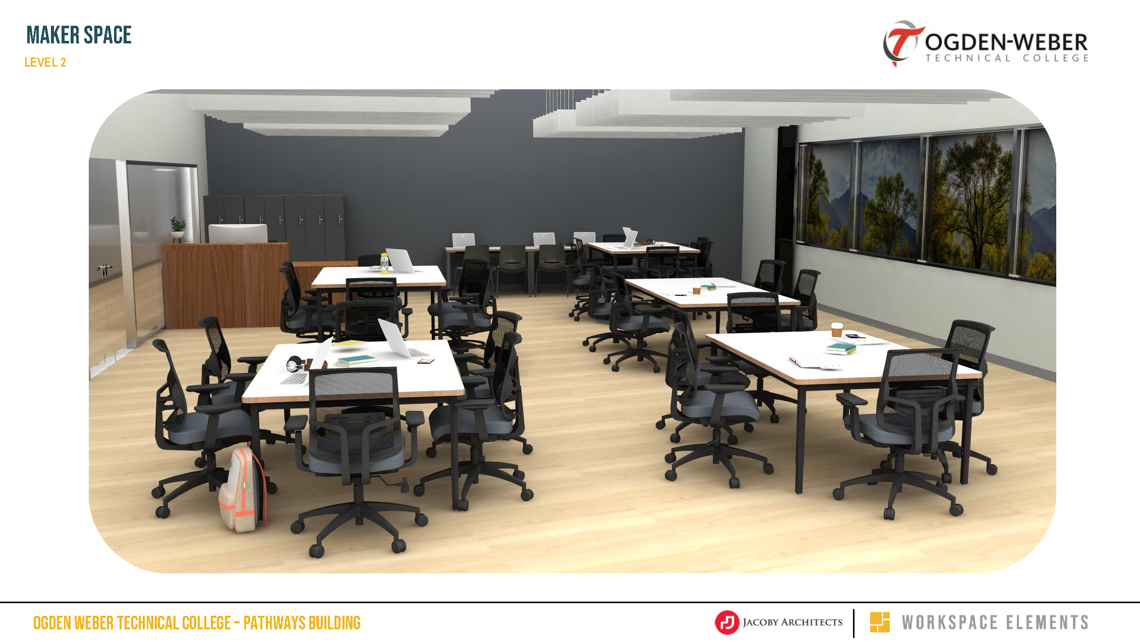 Architectural rendering of the Level 2 Maker Space featuring collaborative worktables, rolling chairs, large windows, and flexible seating.